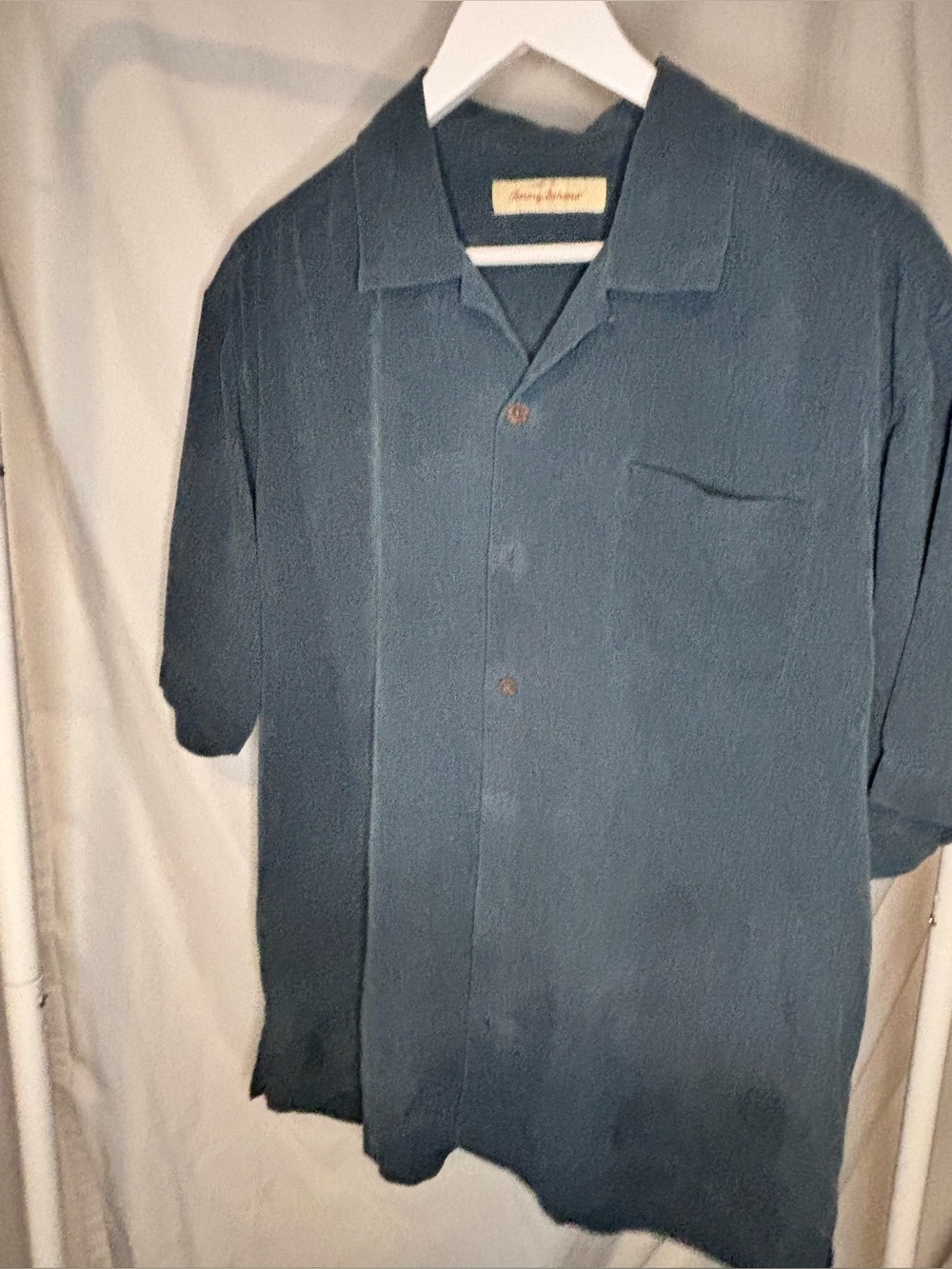 Tommy Bahama Men's Short-Sleeve Camp Shirt in Teal Blue- 100% silk